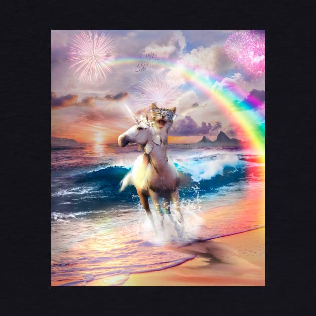 Cat Riding Unicorn Wearing Sunglasses, Beach Rainbow Funny by Random Galaxy